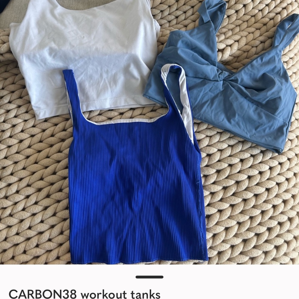 Carbon38 Blue, White, and Gray Workout Tanks